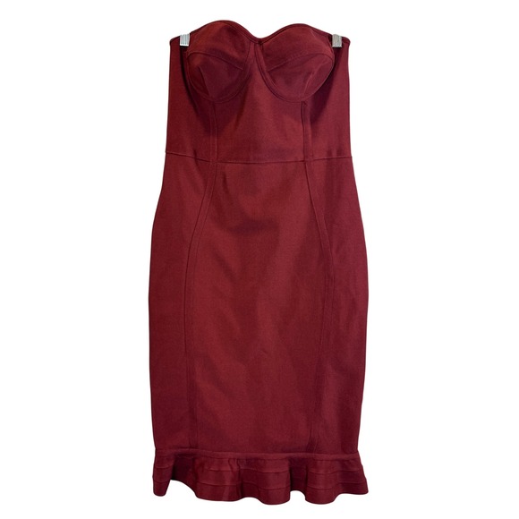 Strapless Bodycon Dress Ruffle Hem Party Cocktail Evening Maroon Club - Picture 1 of 9